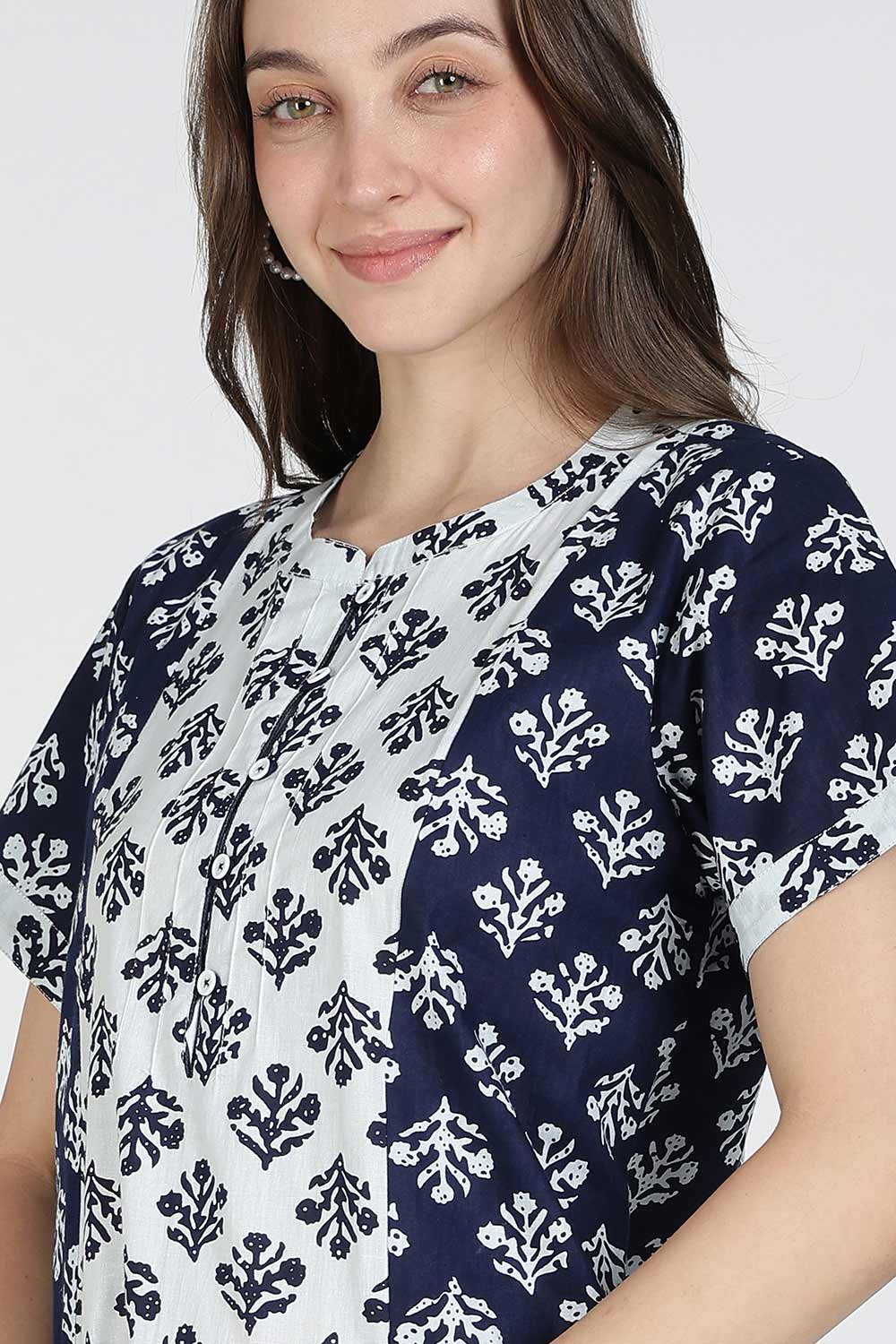 Naidu Hall Women’s Printed Cotton Nighty | Full Length Mandarin Collar Half Sleeve Floral Nightdress with Pintuck Detailing for Daily Wear & Sleepwear
 - NB28