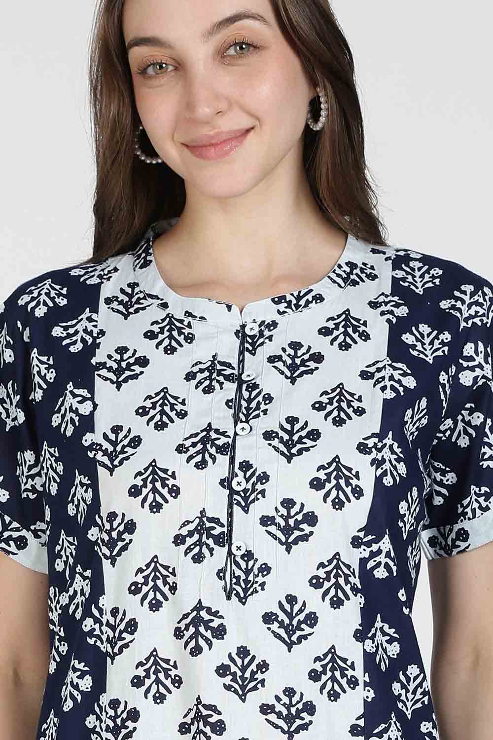 Naidu Hall Women’s Printed Cotton Nighty | Full Length Mandarin Collar Half Sleeve Floral Nightdress with Pintuck Detailing for Daily Wear & Sleepwear
 - NB28