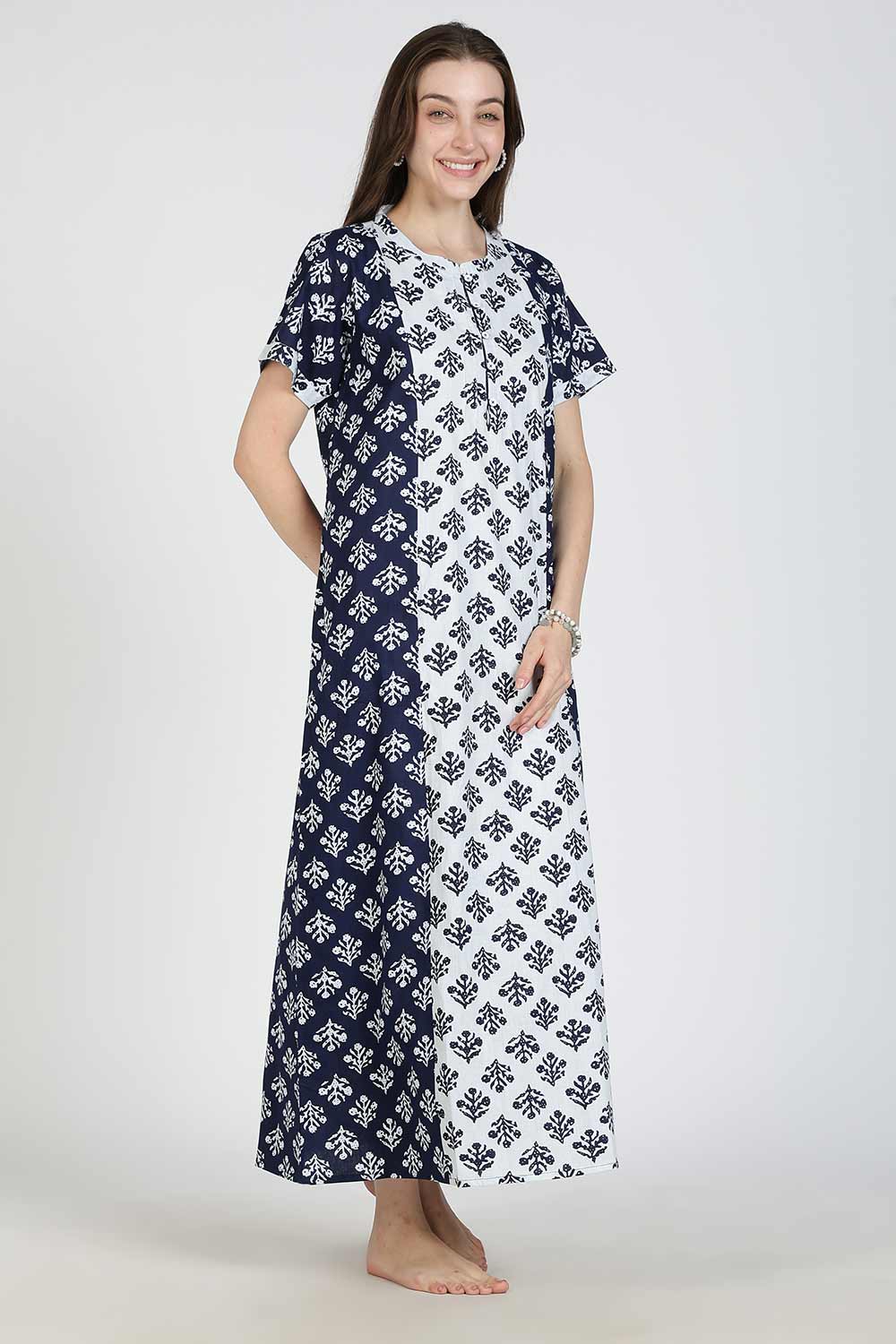 Naidu Hall Women’s Printed Cotton Nighty | Full Length Mandarin Collar Half Sleeve Floral Nightdress with Pintuck Detailing for Daily Wear & Sleepwear
 - NB28