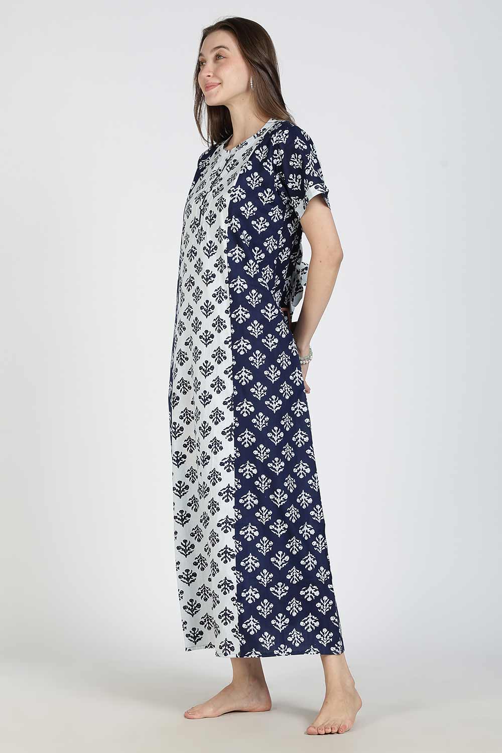 Naidu Hall Women’s Printed Cotton Nighty | Full Length Mandarin Collar Half Sleeve Floral Nightdress with Pintuck Detailing for Daily Wear & Sleepwear
 - NB28