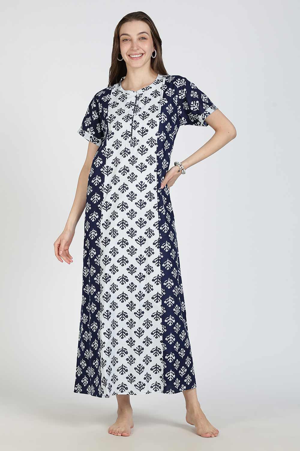 Naidu Hall Women’s Printed Cotton Nighty | Full Length Mandarin Collar Half Sleeve Floral Nightdress with Pintuck Detailing for Daily Wear & Sleepwear
 - NB28