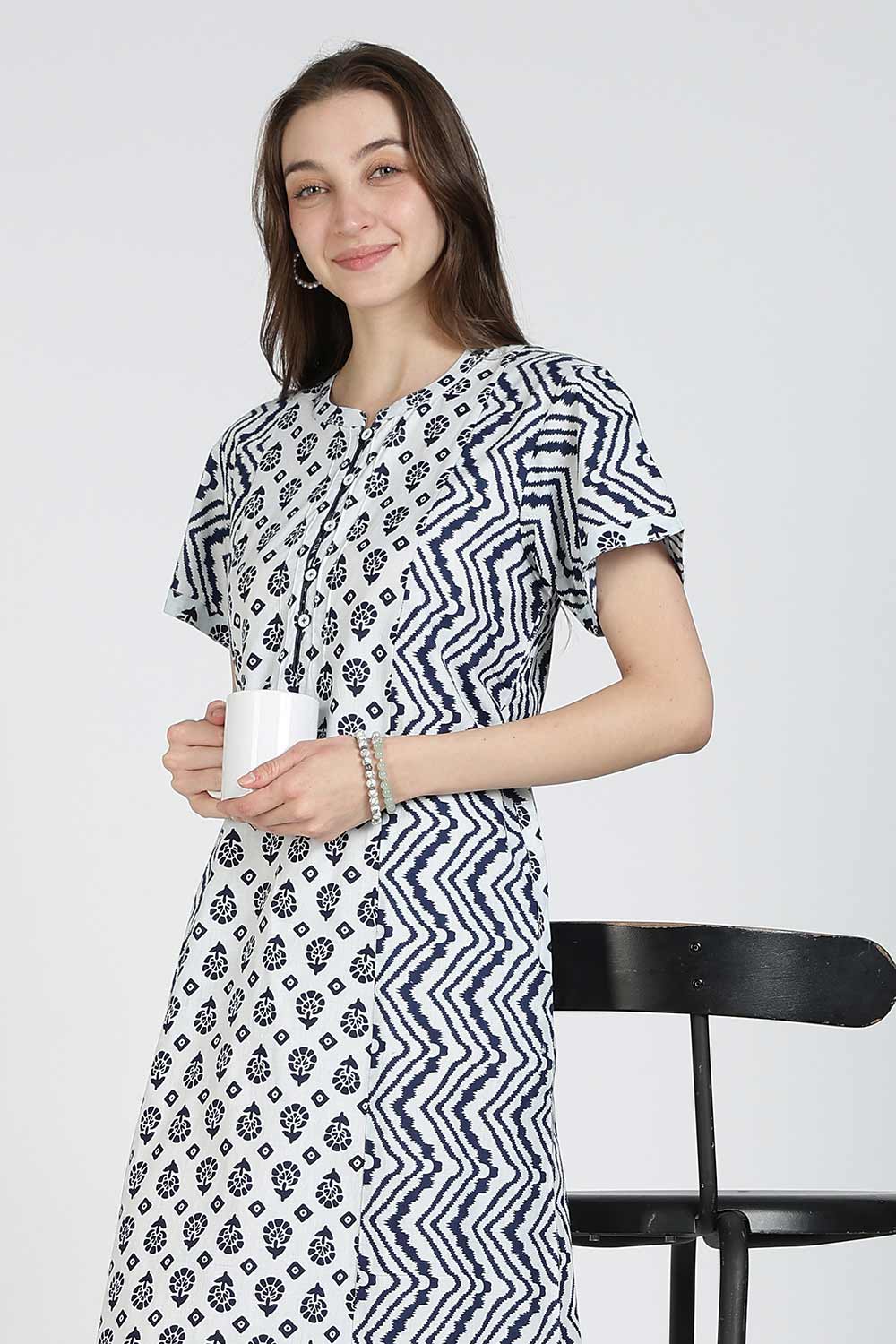 Naidu Hall Women’s Printed Cotton Nighty | Full Length Mandarin Collar Half Sleeve Floral Butta Nightdress with Pintuck Detailing for Daily Wear & Sleepwear
 - NB29