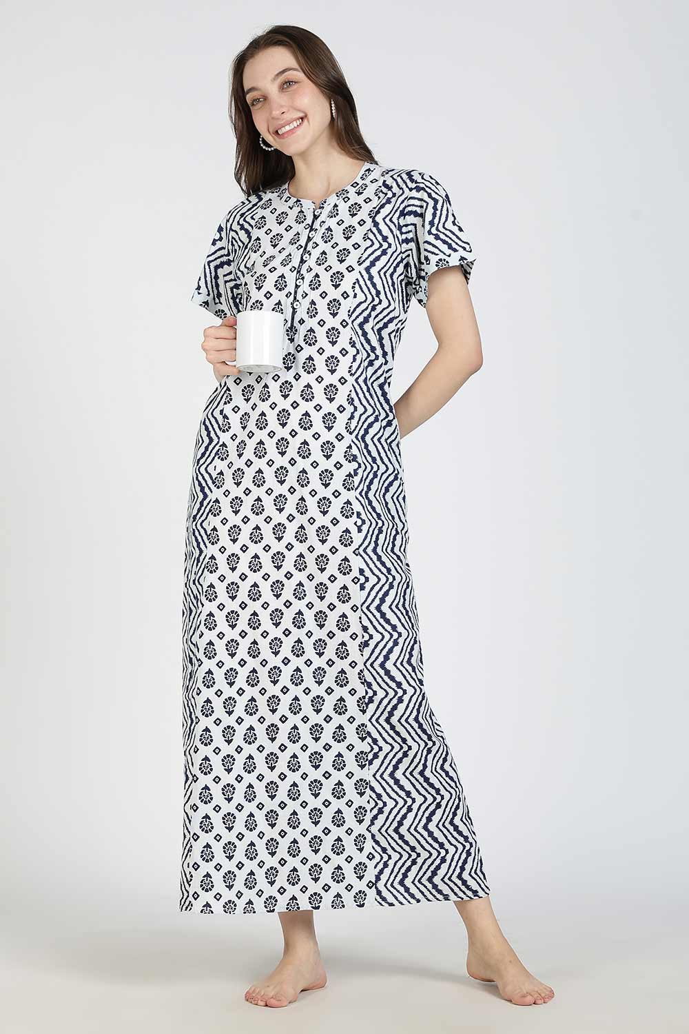 Naidu Hall Women’s Printed Cotton Nighty | Full Length Mandarin Collar Half Sleeve Floral Butta Nightdress with Pintuck Detailing for Daily Wear & Sleepwear
 - NB29