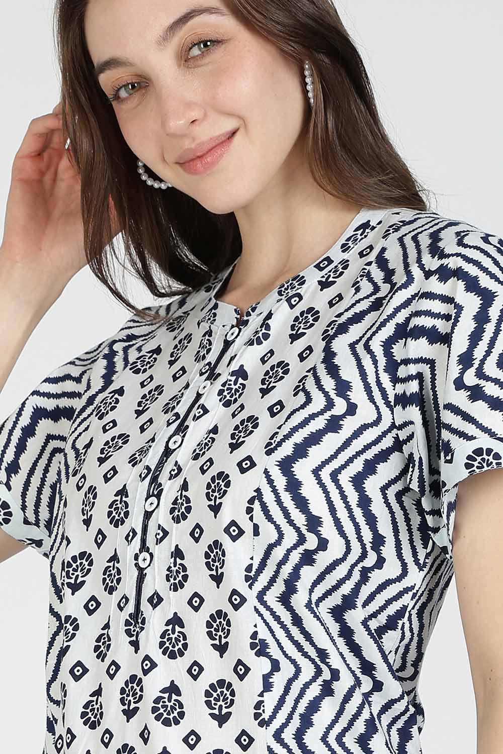 Naidu Hall Women’s Printed Cotton Nighty | Full Length Mandarin Collar Half Sleeve Floral Butta Nightdress with Pintuck Detailing for Daily Wear & Sleepwear
 - NB29