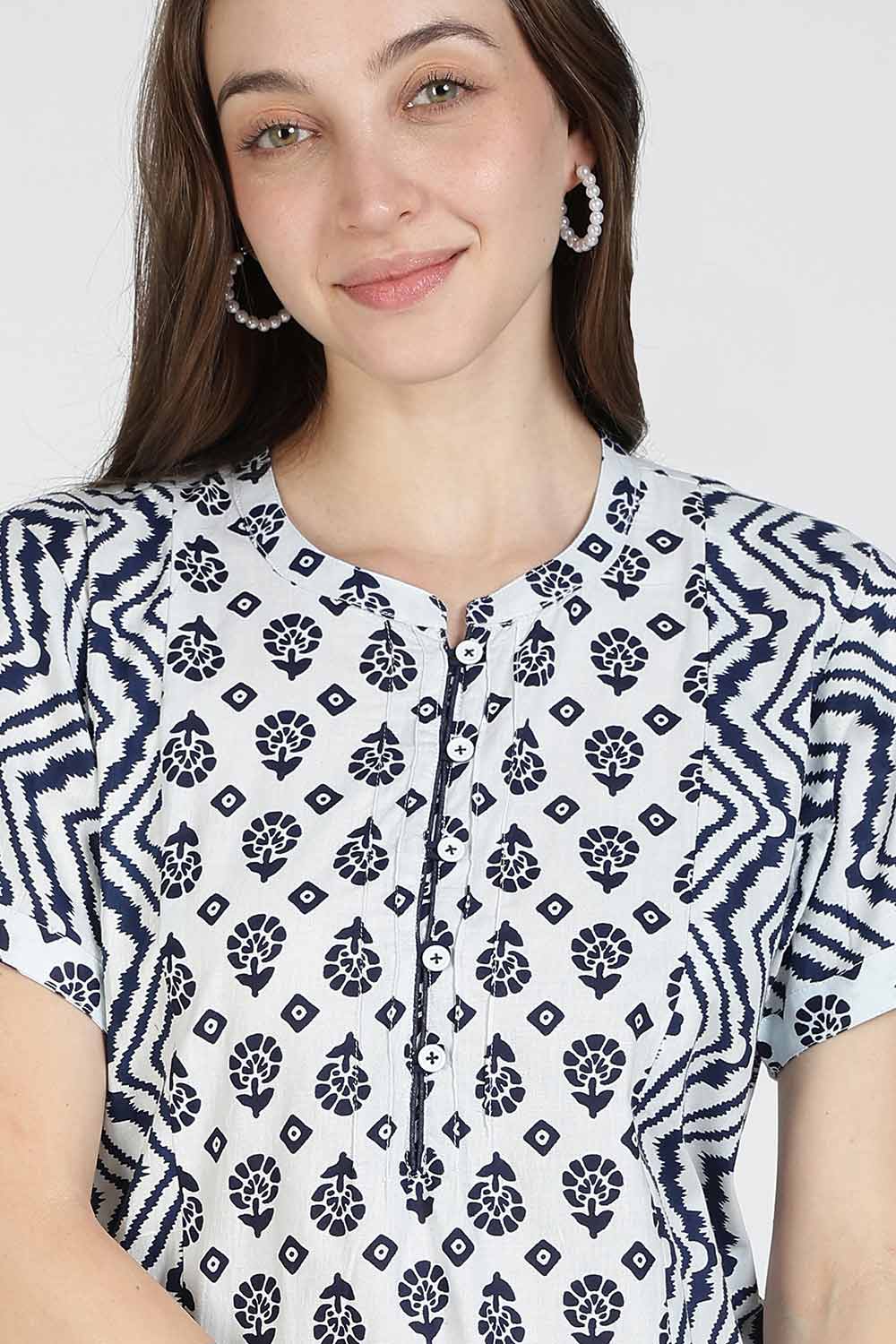 Naidu Hall Women’s Printed Cotton Nighty | Full Length Mandarin Collar Half Sleeve Floral Butta Nightdress with Pintuck Detailing for Daily Wear & Sleepwear
 - NB29