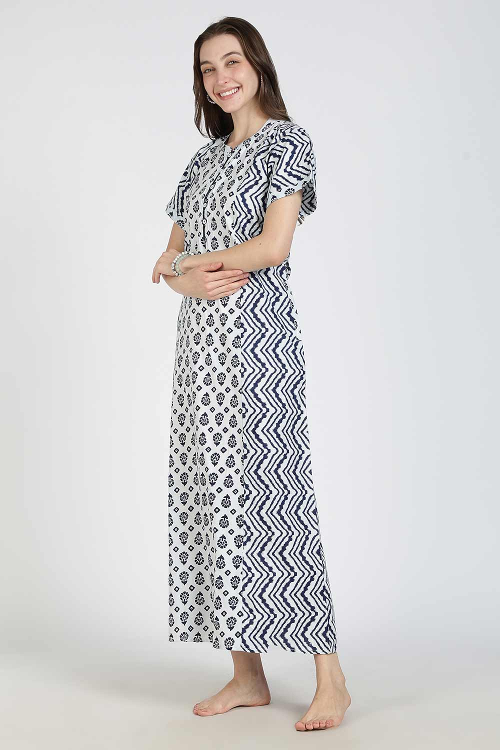 Naidu Hall Women’s Printed Cotton Nighty | Full Length Mandarin Collar Half Sleeve Floral Butta Nightdress with Pintuck Detailing for Daily Wear & Sleepwear
 - NB29