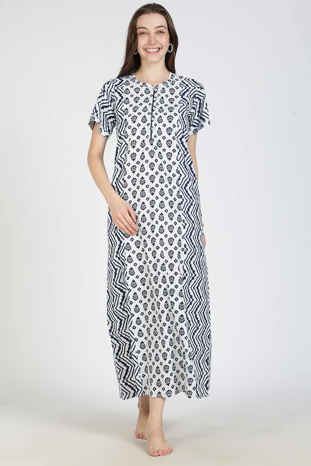 Naidu Hall Women’s Printed Cotton Nighty | Full Length Mandarin Collar Half Sleeve Floral Butta Nightdress with Pintuck Detailing for Daily Wear & Sleepwear
 - NB29