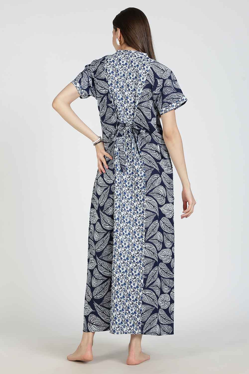 Naidu Hall Women’s Printed Cotton Nighty | Full Length Mandarin Collar Half Sleeve Floral Butta Nightdress for Daily Wear & Sleepwear
 - NB30