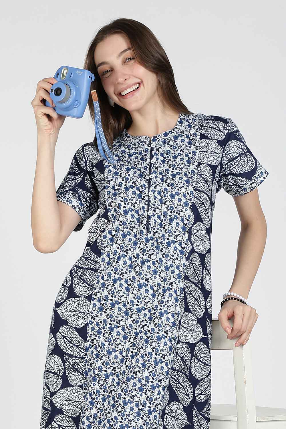 Naidu Hall Women’s Printed Cotton Nighty | Full Length Mandarin Collar Half Sleeve Floral Butta Nightdress for Daily Wear & Sleepwear
 - NB30