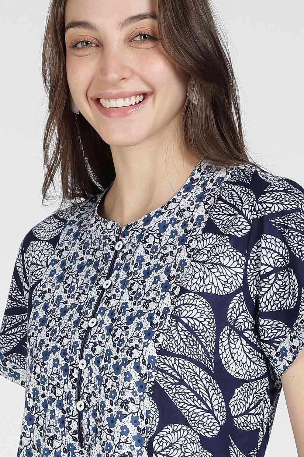 Naidu Hall Women’s Printed Cotton Nighty | Full Length Mandarin Collar Half Sleeve Floral Butta Nightdress for Daily Wear & Sleepwear
 - NB30