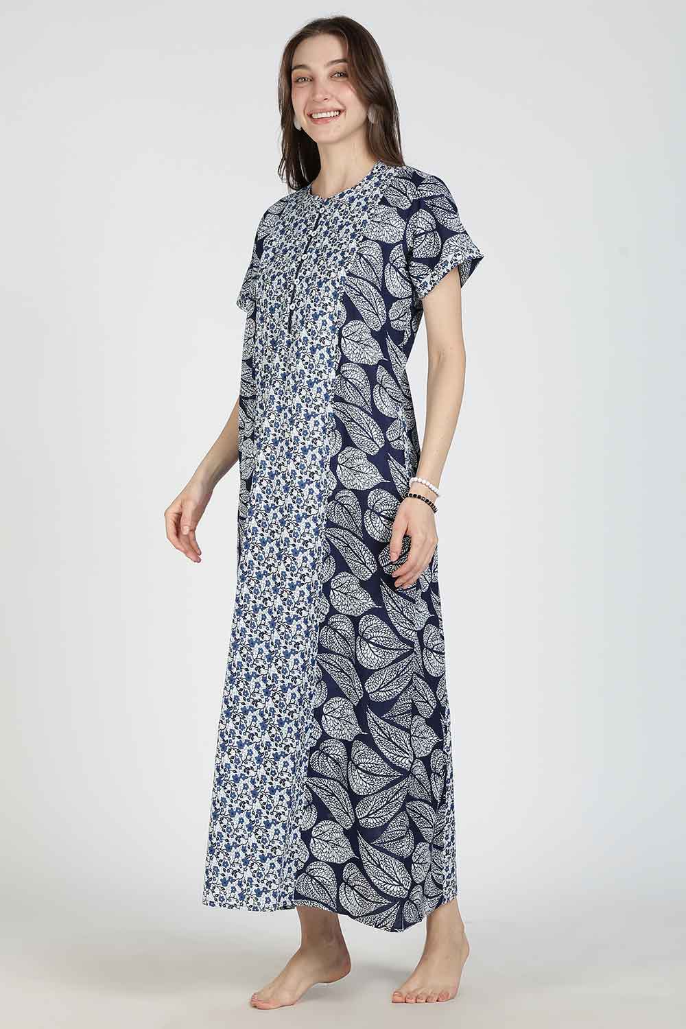 Naidu Hall Women’s Printed Cotton Nighty | Full Length Mandarin Collar Half Sleeve Floral Butta Nightdress for Daily Wear & Sleepwear
 - NB30