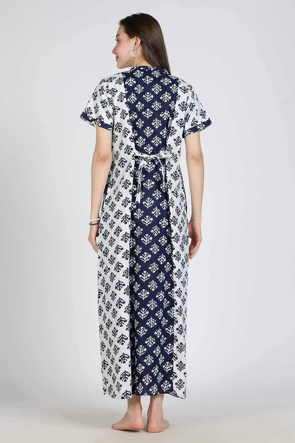 Naidu Hall Women’s Printed Cotton Nighty | Full Length Mandarin Collar Half Sleeve Chevron Print Nightdress for Daily Wear & Sleepwear
 - NB31