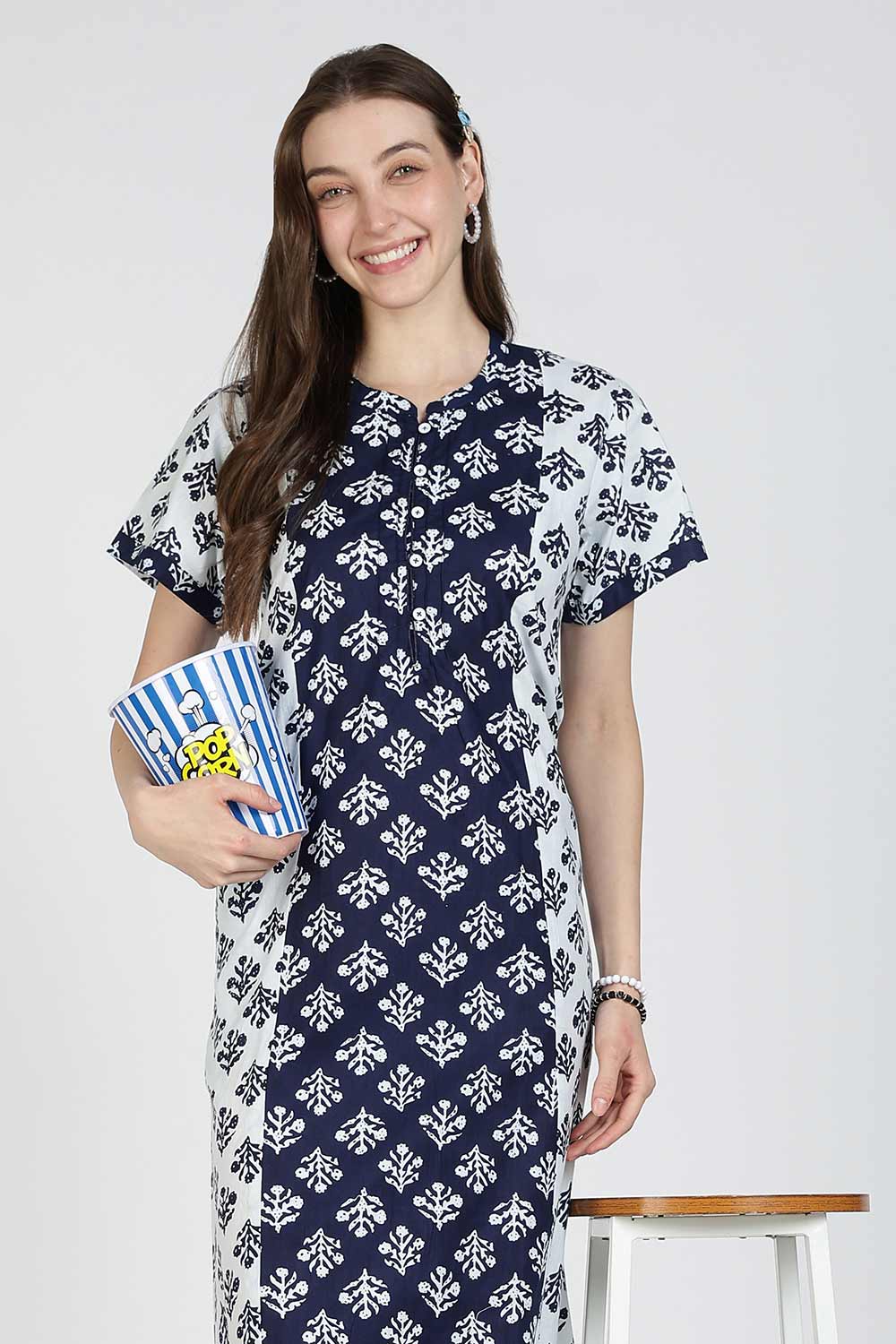 Naidu Hall Women’s Printed Cotton Nighty | Full Length Mandarin Collar Half Sleeve Chevron Print Nightdress for Daily Wear & Sleepwear
 - NB31