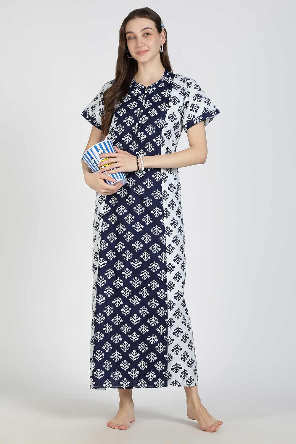 Naidu Hall Women’s Printed Cotton Nighty | Full Length Mandarin Collar Half Sleeve Chevron Print Nightdress for Daily Wear & Sleepwear
 - NB31