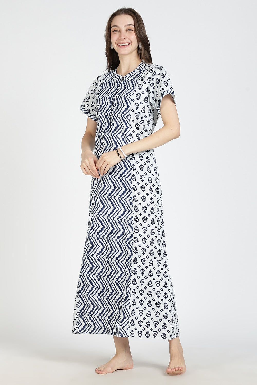 Naidu Hall Women’s Printed Cotton Nighty | Full Length Mandarin Collar Half Sleeve Botanical Leaf Print Nightdress for Daily Wear & Sleepwear
 - NB32