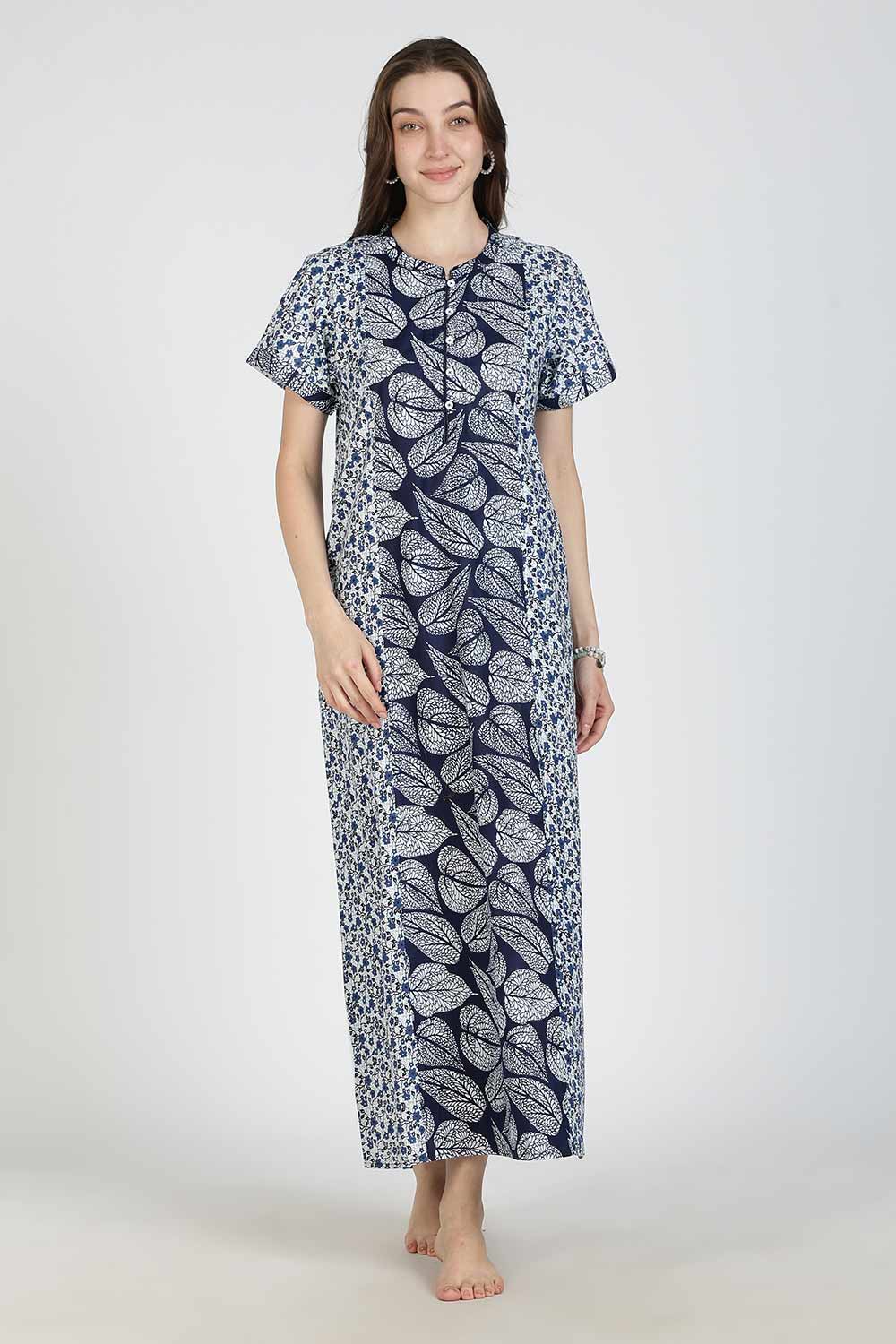 Naidu Hall Women’s Printed Cotton Nighty | Full Length Mandarin Collar Half Sleeve Floral Garden Print Nightdress for Daily Wear & Sleepwear
 - NB33