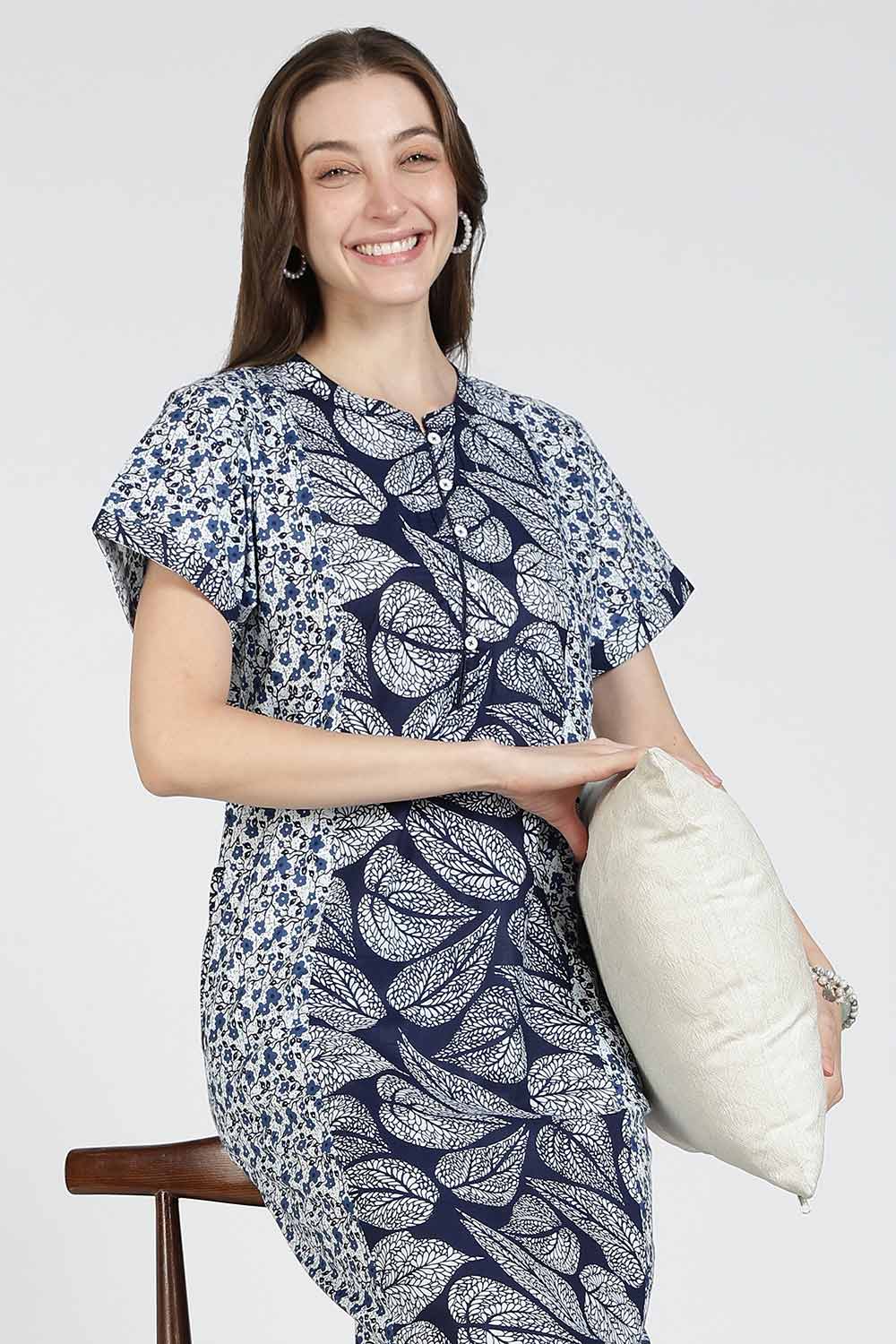 Naidu Hall Women’s Printed Cotton Nighty | Full Length Mandarin Collar Half Sleeve Floral Garden Print Nightdress for Daily Wear & Sleepwear
 - NB33