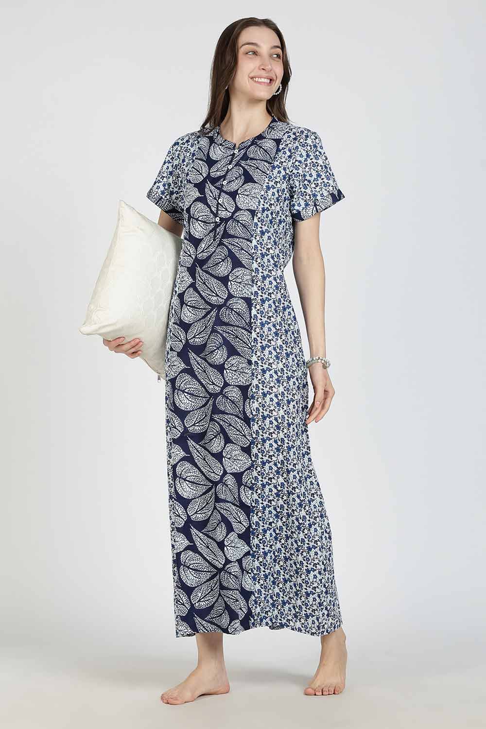 Naidu Hall Women’s Printed Cotton Nighty | Full Length Mandarin Collar Half Sleeve Floral Garden Print Nightdress for Daily Wear & Sleepwear
 - NB33