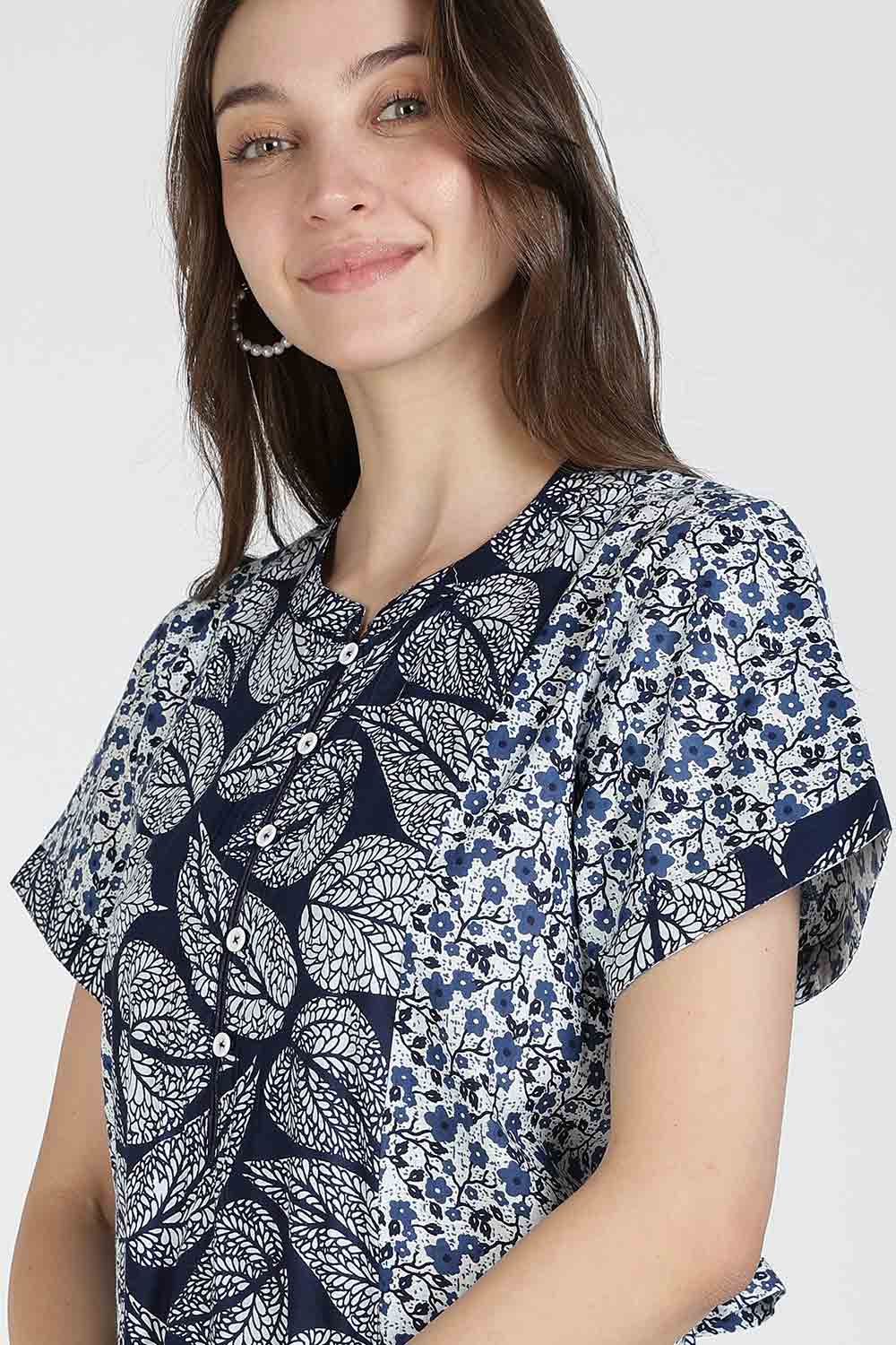 Naidu Hall Women’s Printed Cotton Nighty | Full Length Mandarin Collar Half Sleeve Floral Garden Print Nightdress for Daily Wear & Sleepwear
 - NB33