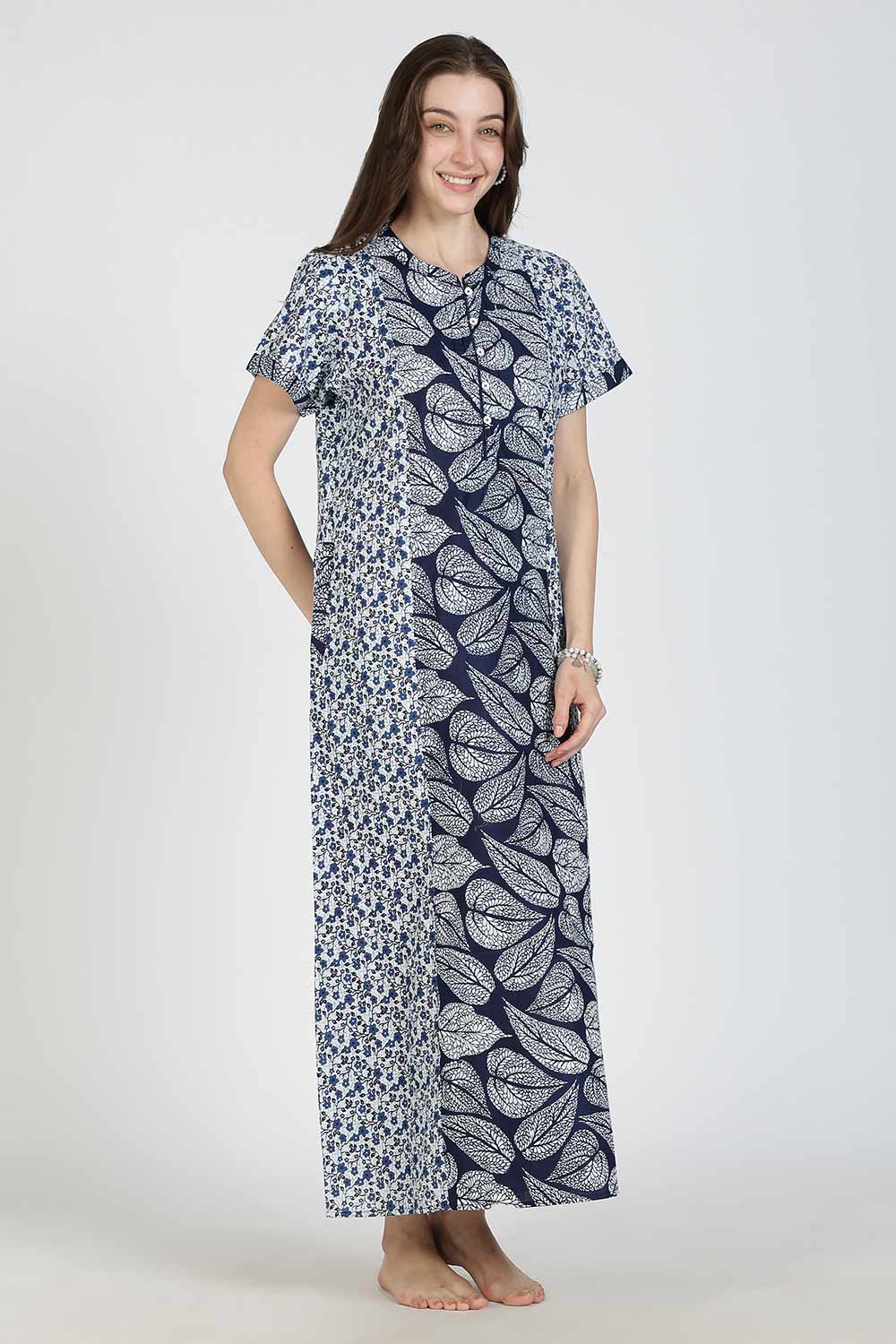 Naidu Hall Women’s Printed Cotton Nighty | Full Length Mandarin Collar Half Sleeve Floral Garden Print Nightdress for Daily Wear & Sleepwear
 - NB33