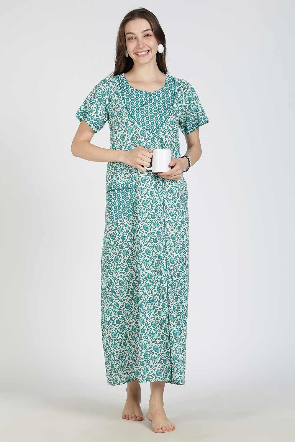 Naidu Hall Women Printed Cotton Full-Length A-Line Nighty – Floral Garden Print Sleepwear | Short Sleeves | Round Neck | Daily Wear Lounge Night Gown
 - NB35