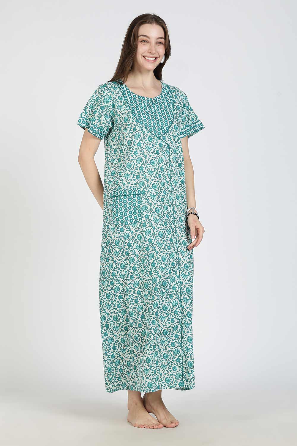 Naidu Hall Women Printed Cotton Full-Length A-Line Nighty – Floral Garden Print Sleepwear | Short Sleeves | Round Neck | Daily Wear Lounge Night Gown
 - NB35