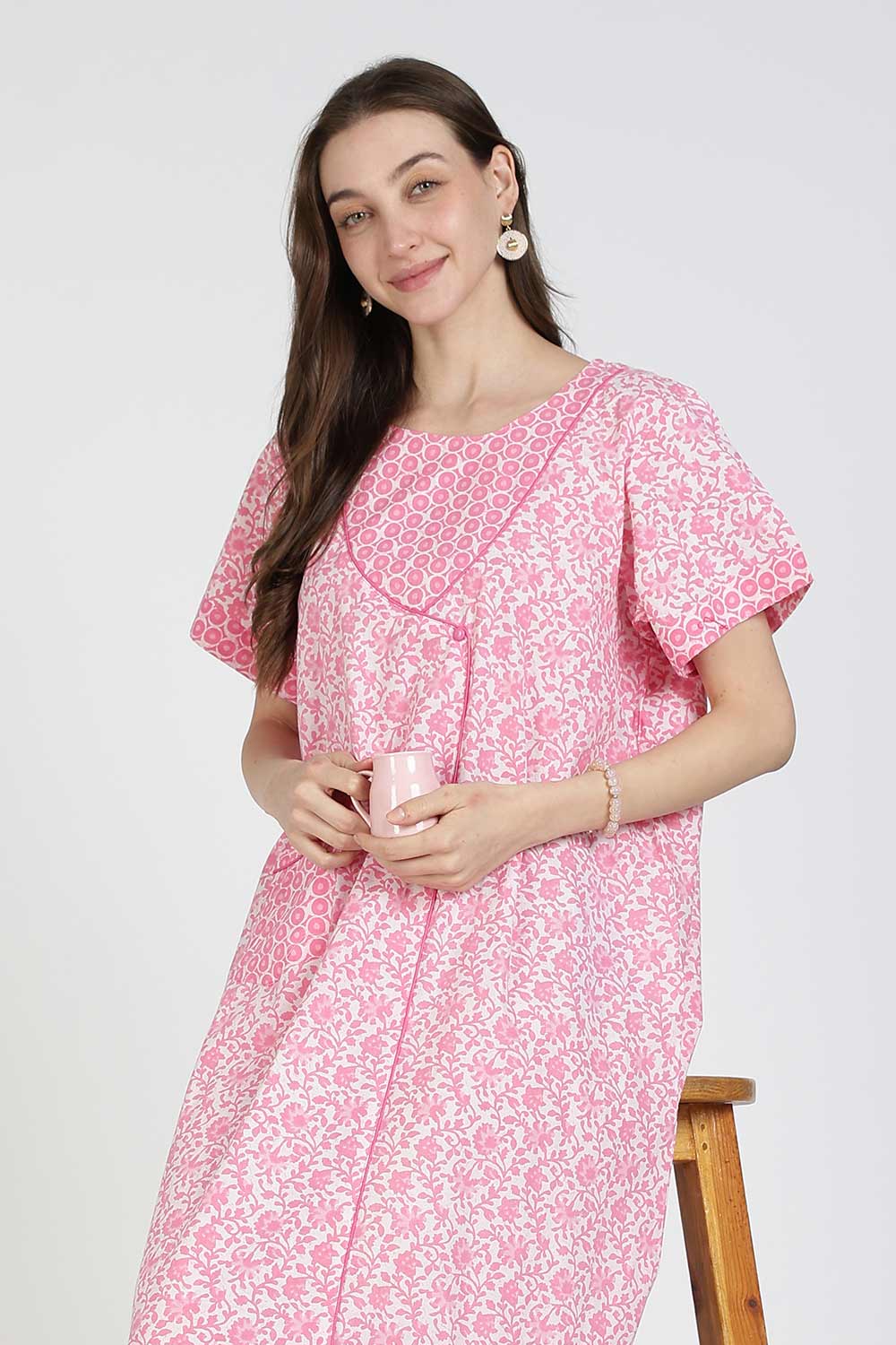 Naidu Hall Women Printed Cotton Full-Length A-Line Nighty – Floral Garden Print Sleepwear | Short Sleeves | Round Neck | Daily Wear Lounge Night Gown
 - NB35