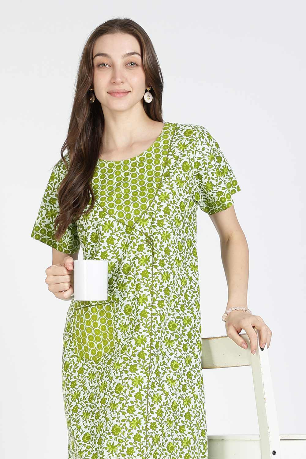 Naidu Hall Women Printed Cotton Full-Length A-Line Nighty – Floral Garden Print Sleepwear | Short Sleeves | Round Neck | Daily Wear Lounge Night Gown
 - NB35