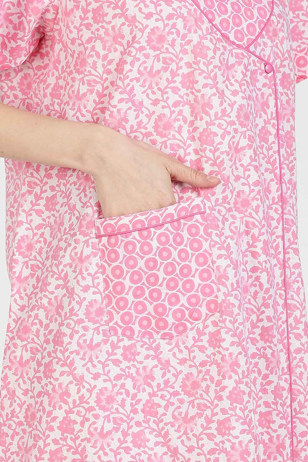 Naidu Hall Women Printed Cotton Full-Length A-Line Nighty – Floral Garden Print Sleepwear | Short Sleeves | Round Neck | Daily Wear Lounge Night Gown
 - NB35