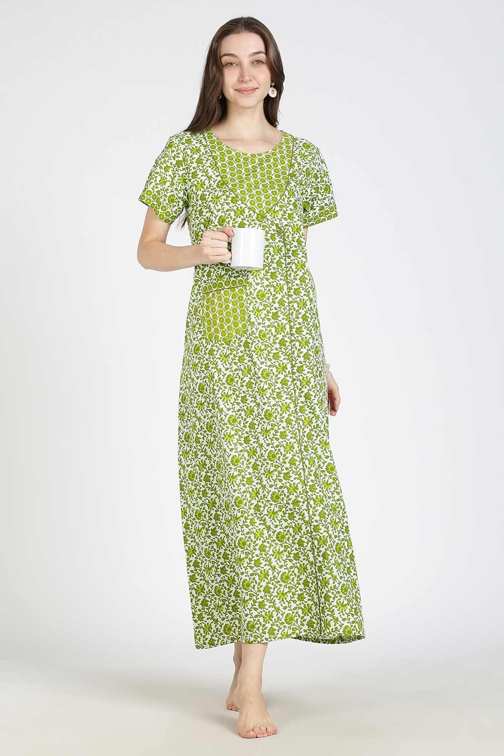 Naidu Hall Women Printed Cotton Full-Length A-Line Nighty – Floral Garden Print Sleepwear | Short Sleeves | Round Neck | Daily Wear Lounge Night Gown
 - NB35