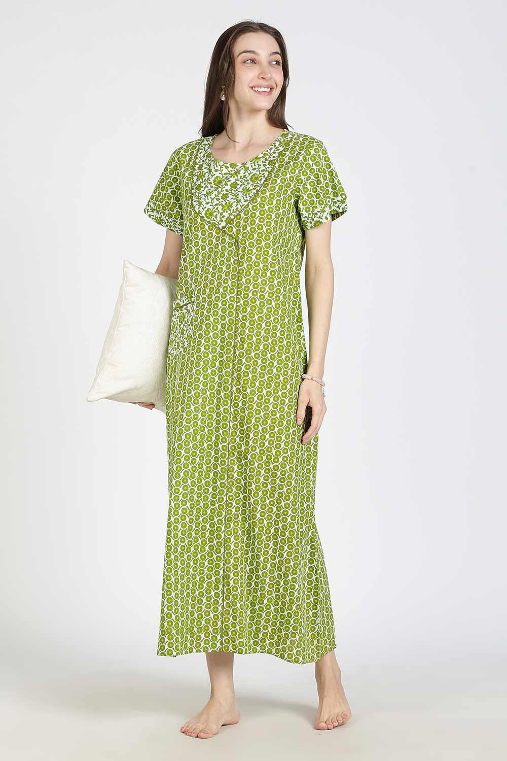 Naidu Hall Women Printed Cotton Full Length A-Line Nighty – Round Neck Short Sleeve Night Gown | Daily Wear Cotton Sleepwear
 - NB36