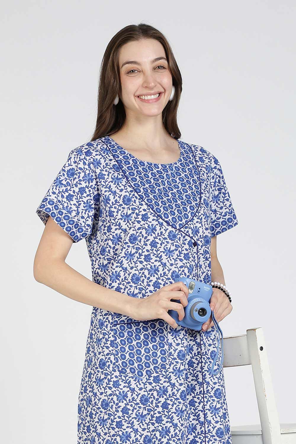 Naidu Hall Women Printed Cotton Full-Length A-Line Nighty – Floral Garden Print Sleepwear | Short Sleeves | Round Neck | Daily Wear Lounge Night Gown
 - NB35