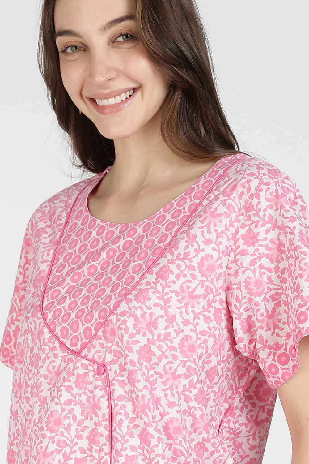 Naidu Hall Women Printed Cotton Full-Length A-Line Nighty – Floral Garden Print Sleepwear | Short Sleeves | Round Neck | Daily Wear Lounge Night Gown
 - NB35