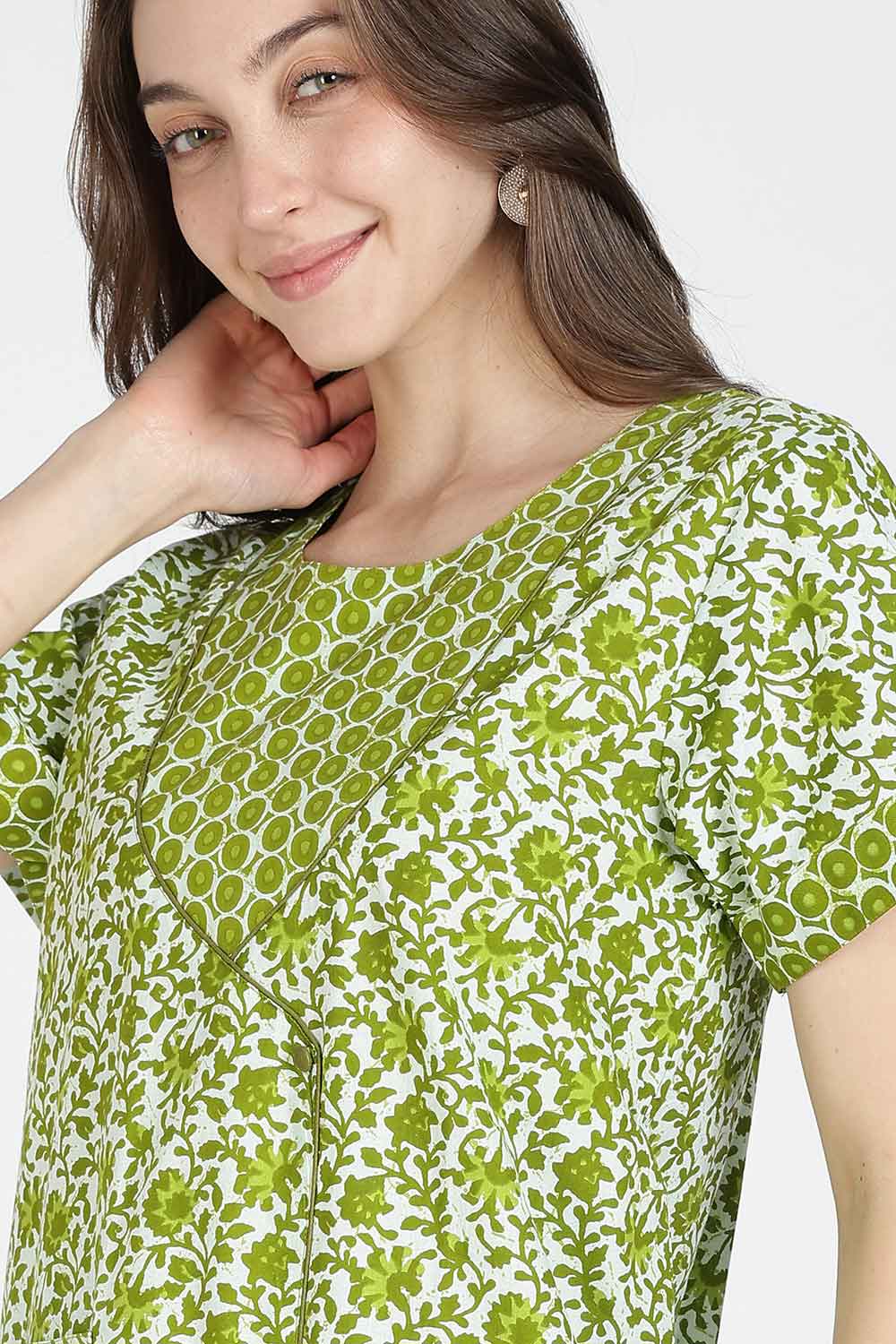 Naidu Hall Women Printed Cotton Full-Length A-Line Nighty – Floral Garden Print Sleepwear | Short Sleeves | Round Neck | Daily Wear Lounge Night Gown
 - NB35