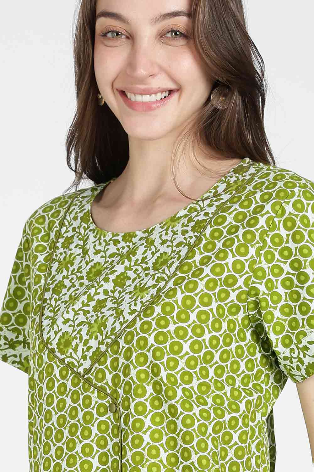 Naidu Hall Women Printed Cotton Full Length A-Line Nighty – Round Neck Short Sleeve Night Gown | Daily Wear Cotton Sleepwear
 - NB36