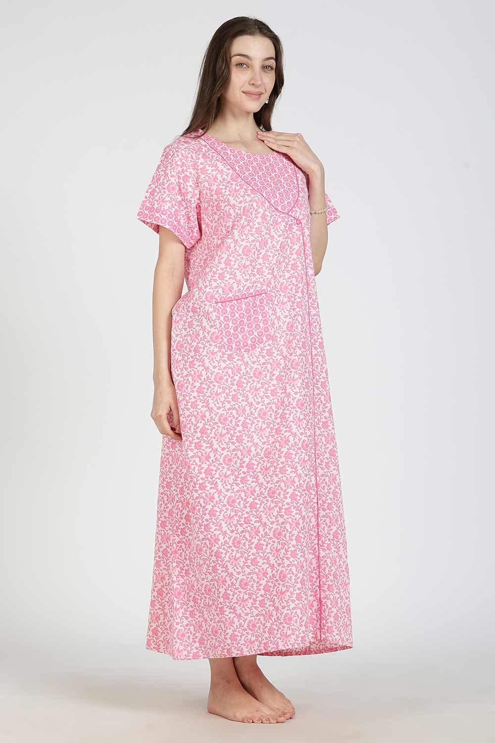 Naidu Hall Women Printed Cotton Full-Length A-Line Nighty – Floral Garden Print Sleepwear | Short Sleeves | Round Neck | Daily Wear Lounge Night Gown
 - NB35