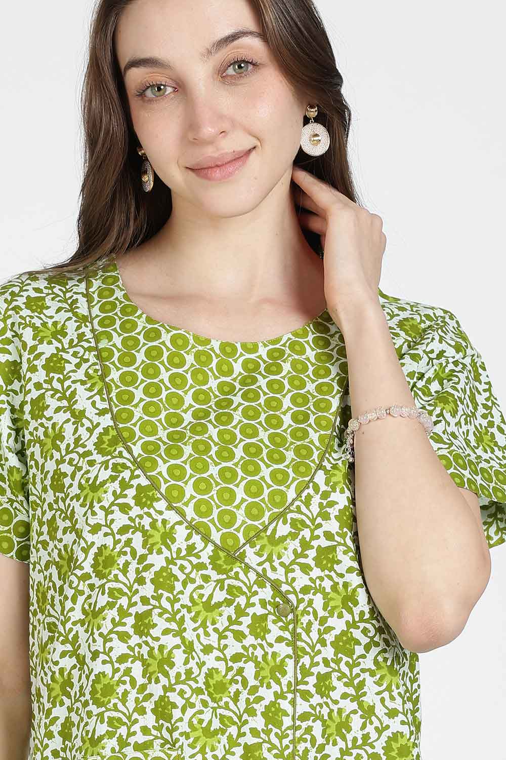 Naidu Hall Women Printed Cotton Full-Length A-Line Nighty – Floral Garden Print Sleepwear | Short Sleeves | Round Neck | Daily Wear Lounge Night Gown
 - NB35