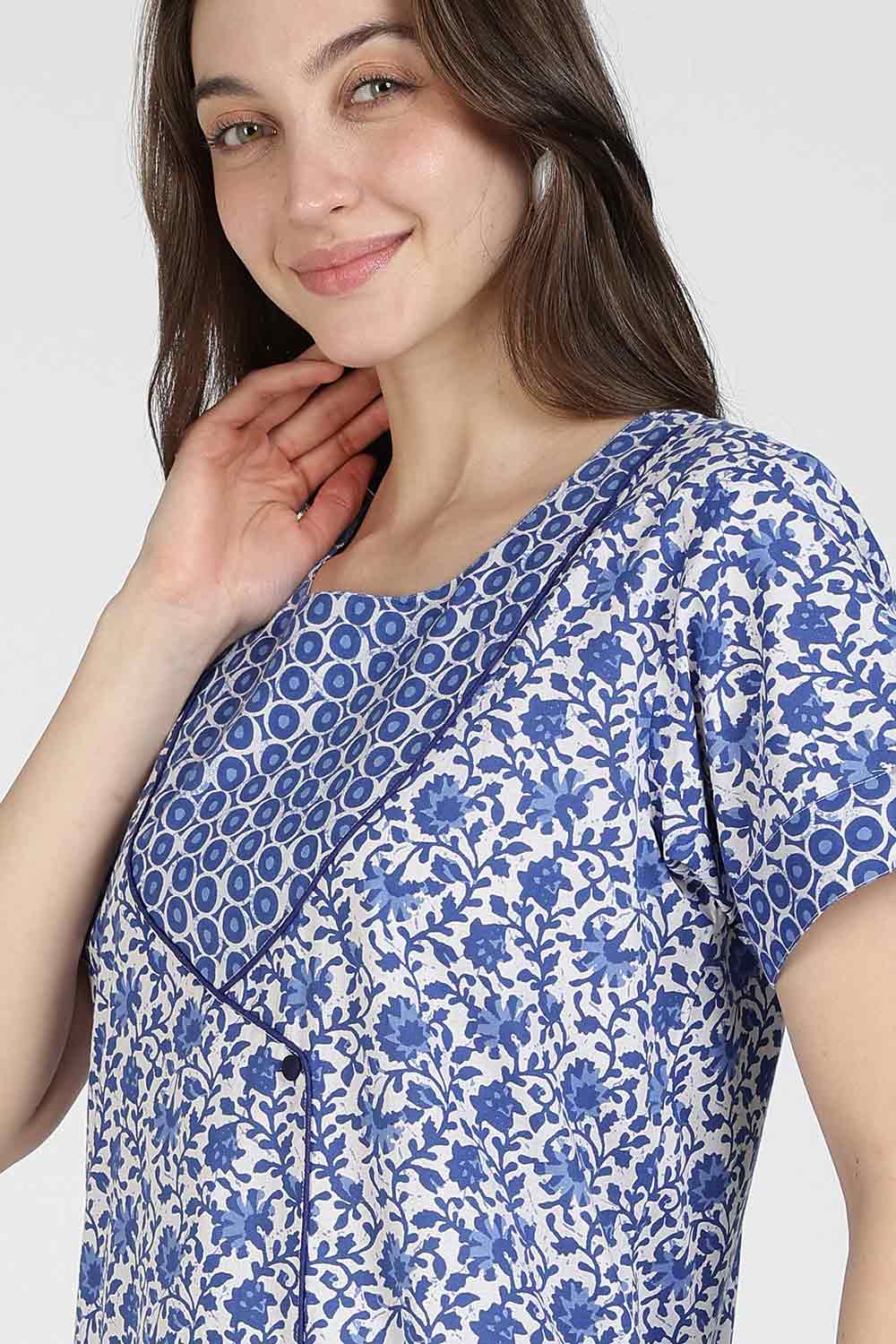Naidu Hall Women Printed Cotton Full-Length A-Line Nighty – Floral Garden Print Sleepwear | Short Sleeves | Round Neck | Daily Wear Lounge Night Gown
 - NB35