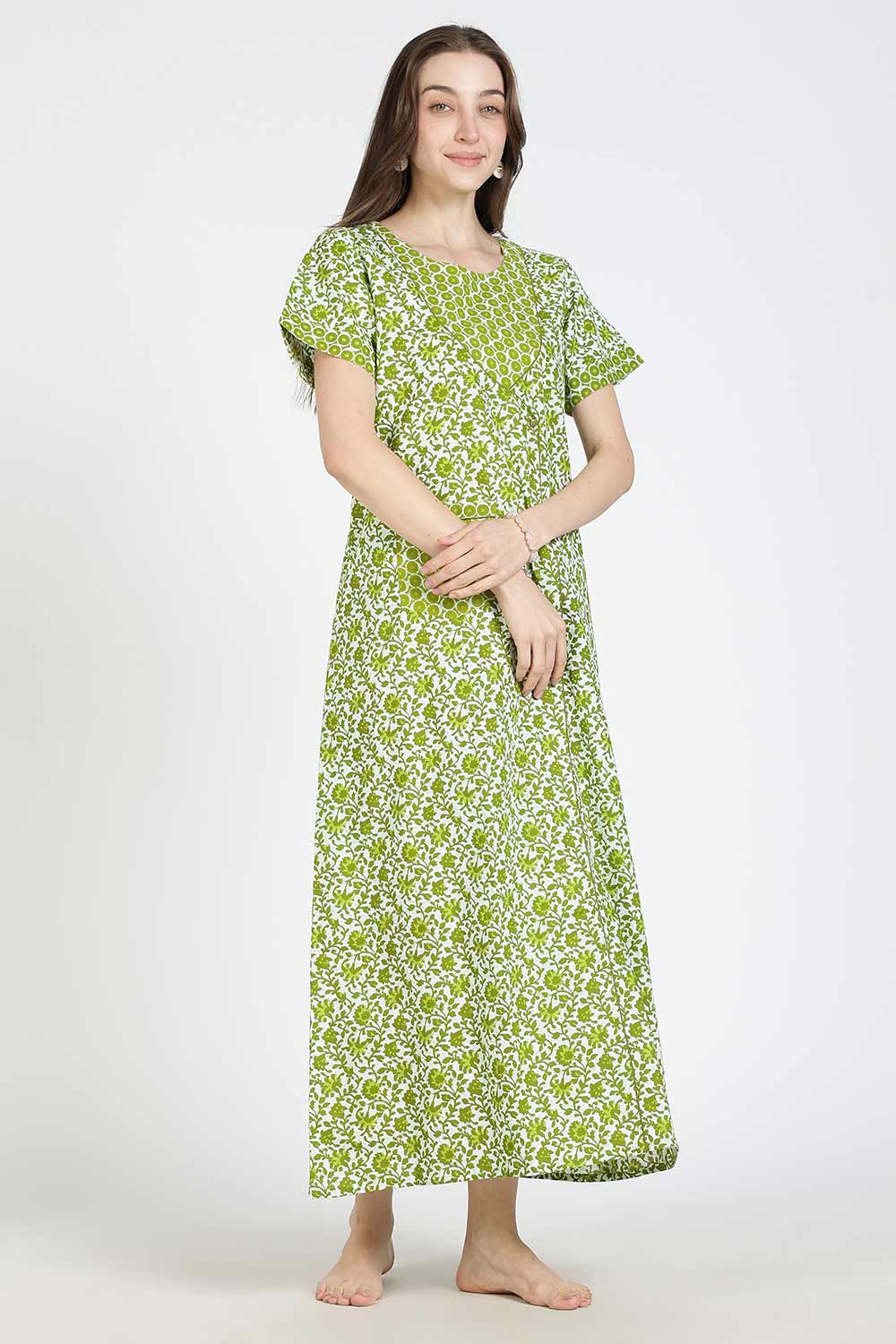 Naidu Hall Women Printed Cotton Full-Length A-Line Nighty – Floral Garden Print Sleepwear | Short Sleeves | Round Neck | Daily Wear Lounge Night Gown
 - NB35