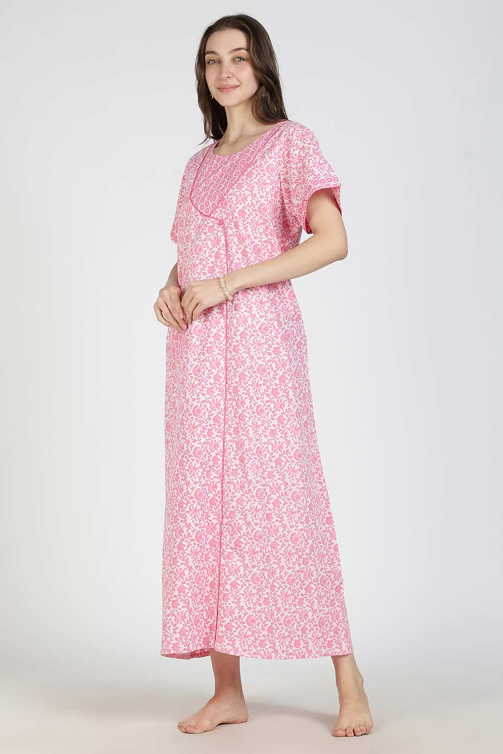 Naidu Hall Women Printed Cotton Full-Length A-Line Nighty – Floral Garden Print Sleepwear | Short Sleeves | Round Neck | Daily Wear Lounge Night Gown
 - NB35