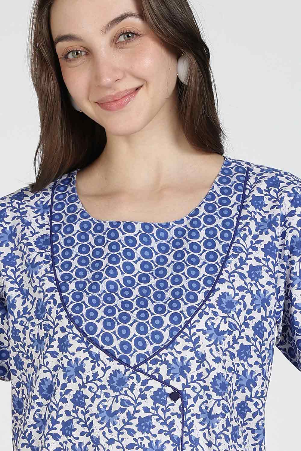 Naidu Hall Women Printed Cotton Full-Length A-Line Nighty – Floral Garden Print Sleepwear | Short Sleeves | Round Neck | Daily Wear Lounge Night Gown
 - NB35