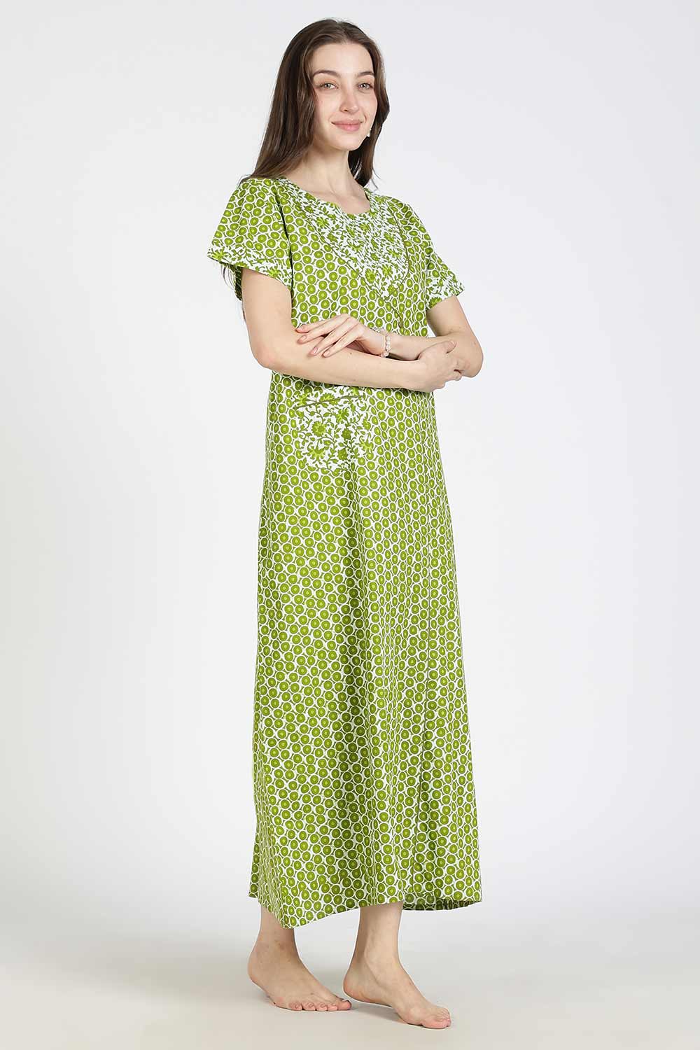 Naidu Hall Women Printed Cotton Full Length A-Line Nighty – Round Neck Short Sleeve Night Gown | Daily Wear Cotton Sleepwear
 - NB36