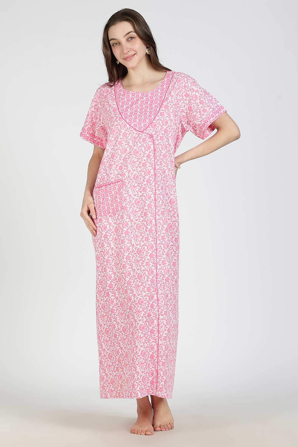 Naidu Hall Women Printed Cotton Full-Length A-Line Nighty – Floral Garden Print Sleepwear | Short Sleeves | Round Neck | Daily Wear Lounge Night Gown
 - NB35