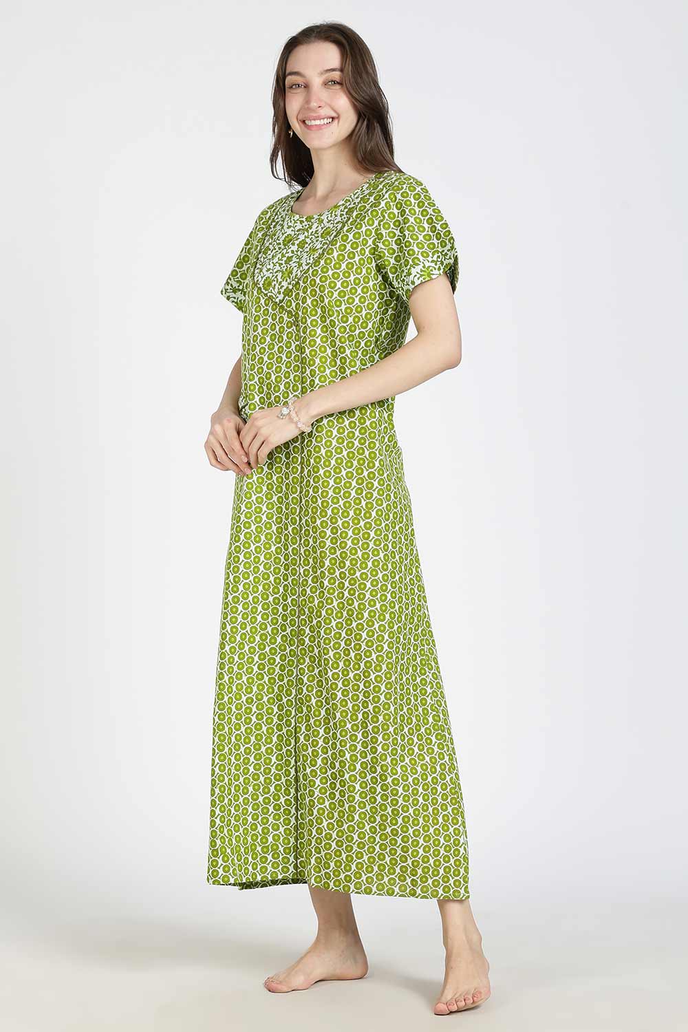 Naidu Hall Women Printed Cotton Full Length A-Line Nighty – Round Neck Short Sleeve Night Gown | Daily Wear Cotton Sleepwear
 - NB36