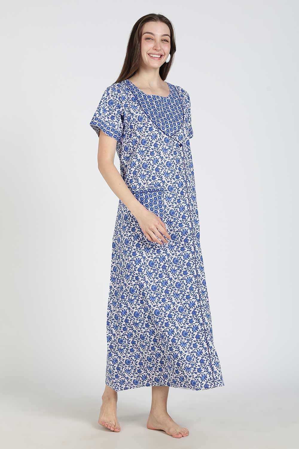 Naidu Hall Women Printed Cotton Full-Length A-Line Nighty – Floral Garden Print Sleepwear | Short Sleeves | Round Neck | Daily Wear Lounge Night Gown
 - NB35