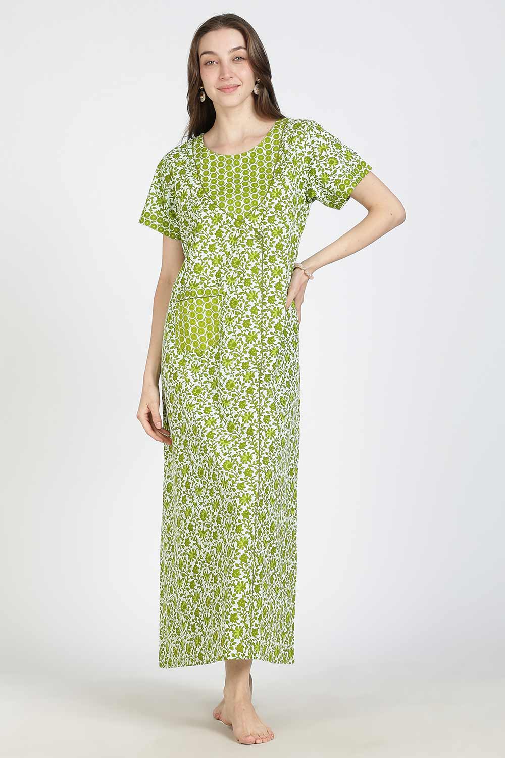 Naidu Hall Women Printed Cotton Full-Length A-Line Nighty – Floral Garden Print Sleepwear | Short Sleeves | Round Neck | Daily Wear Lounge Night Gown
 - NB35