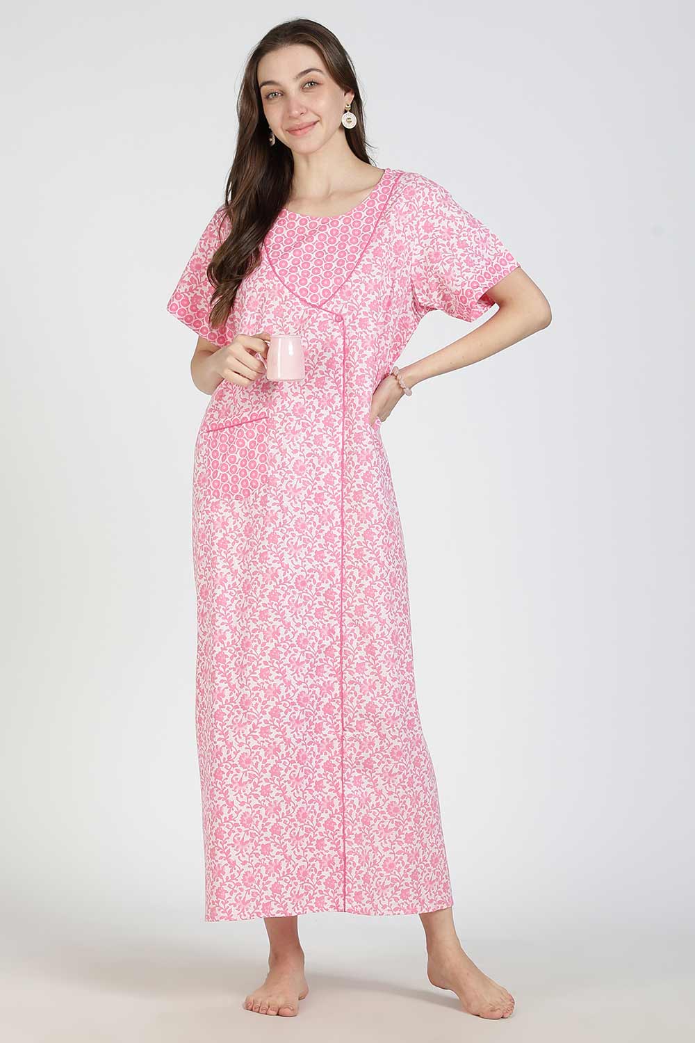 Naidu Hall Women Printed Cotton Full-Length A-Line Nighty – Floral Garden Print Sleepwear | Short Sleeves | Round Neck | Daily Wear Lounge Night Gown
 - NB35