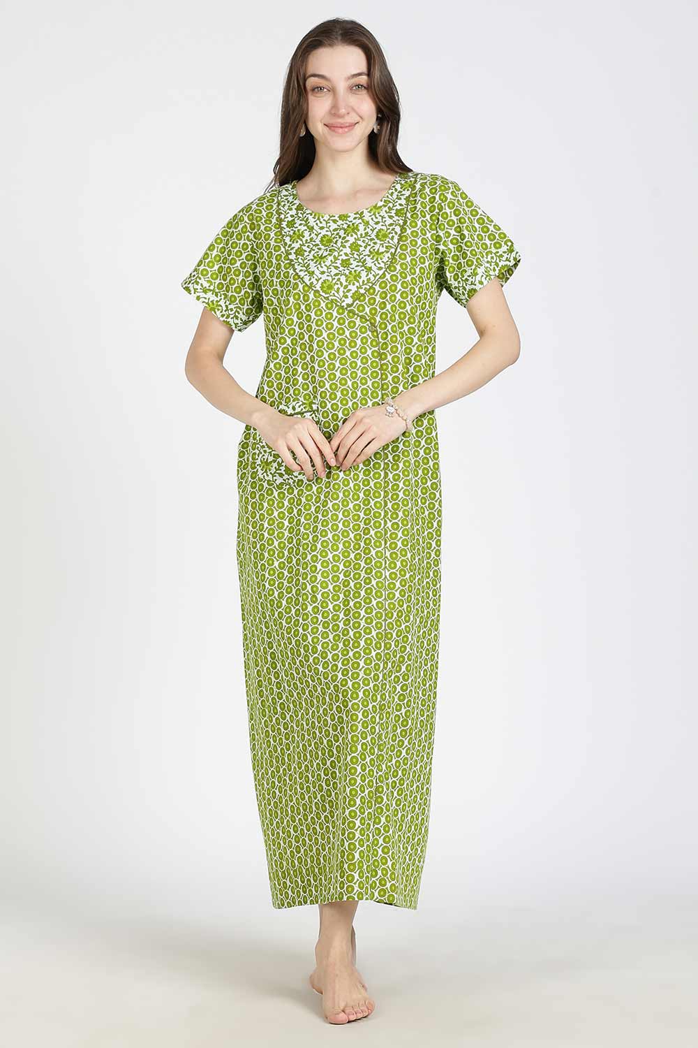 Naidu Hall Women Printed Cotton Full Length A-Line Nighty – Round Neck Short Sleeve Night Gown | Daily Wear Cotton Sleepwear
 - NB36