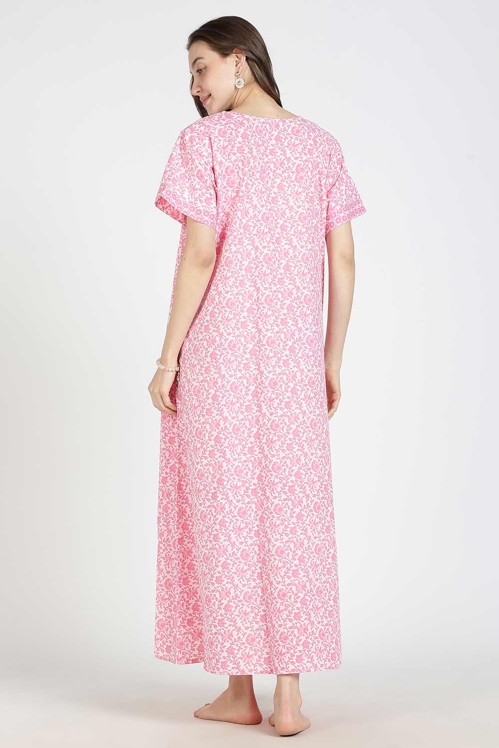 Naidu Hall Women Printed Cotton Full-Length A-Line Nighty – Floral Garden Print Sleepwear | Short Sleeves | Round Neck | Daily Wear Lounge Night Gown
 - NB35