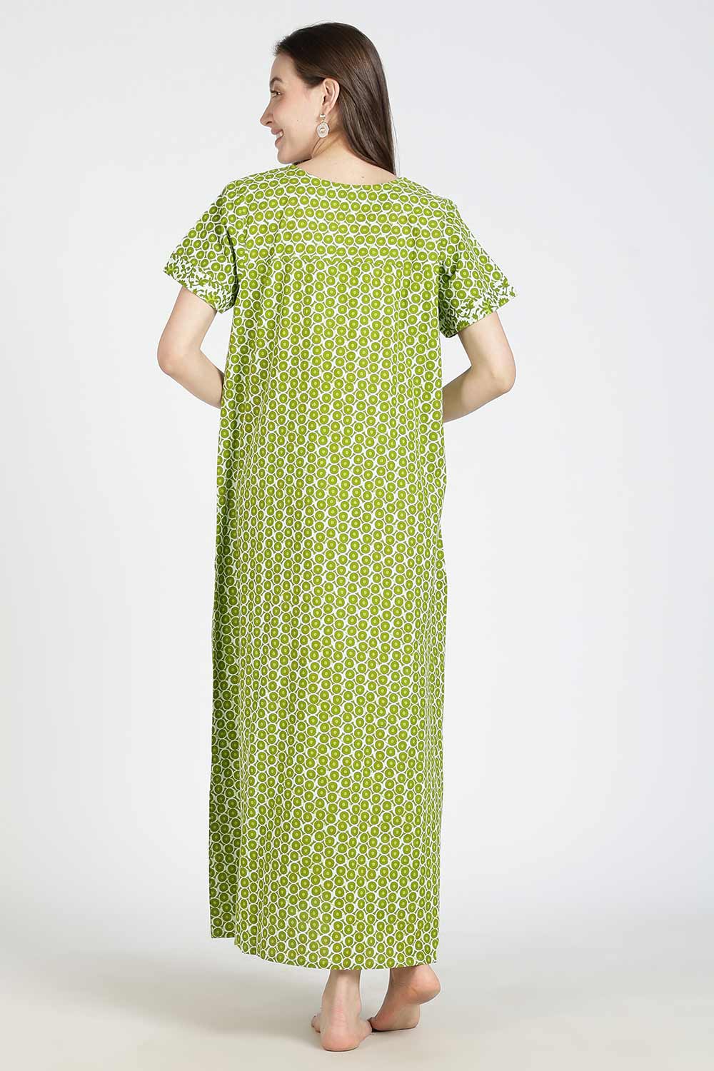 Naidu Hall Women Printed Cotton Full Length A-Line Nighty – Round Neck Short Sleeve Night Gown | Daily Wear Cotton Sleepwear
 - NB36